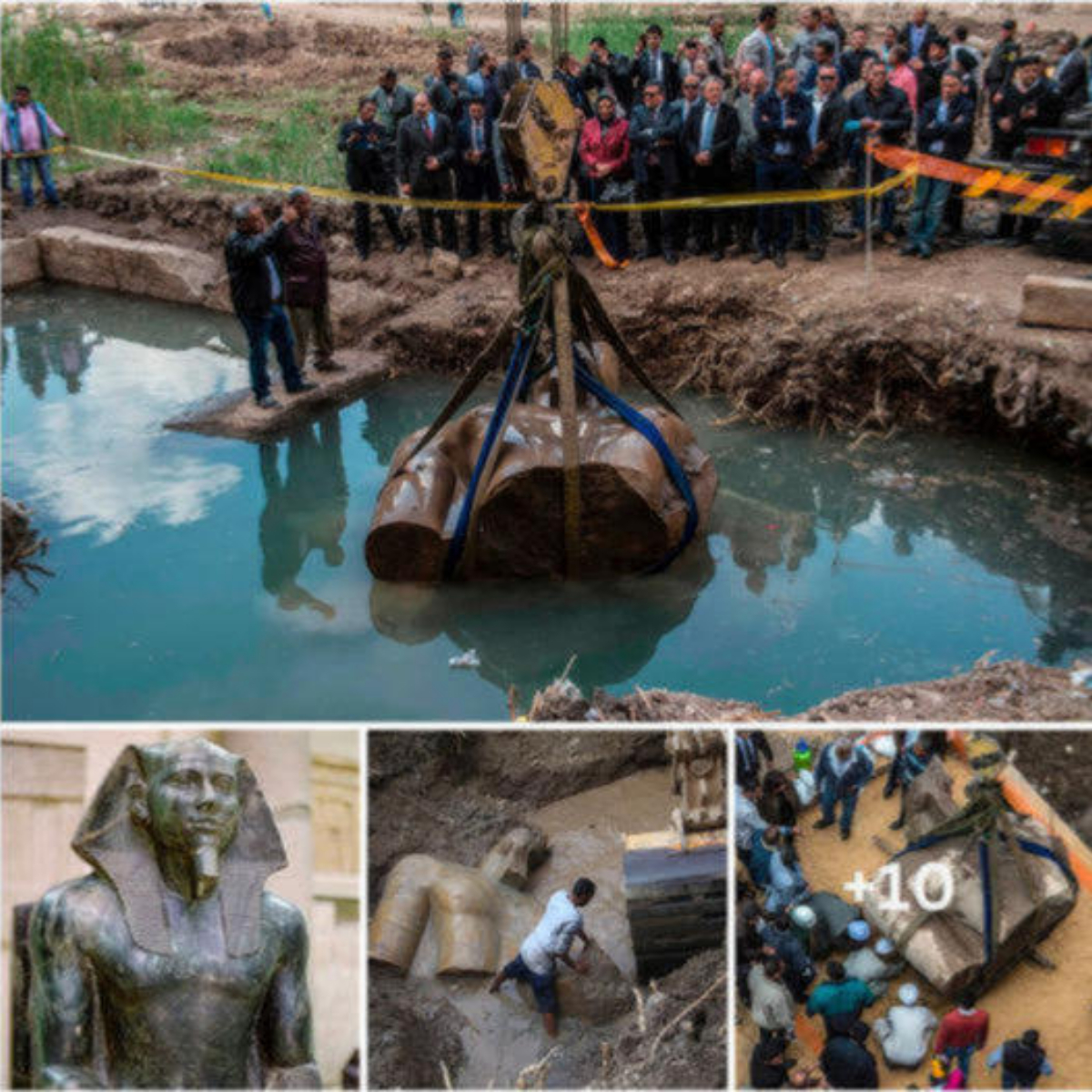 Archaeologists lift a 3,000-year-old Egyptian Pharaoh statue considered “one of the most important discoveries ever” from muddy ditch in Cairo
