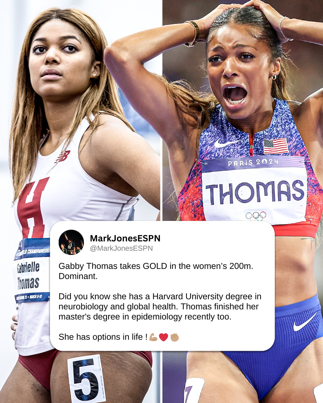 A girl who captivates everyone! From graduating Harvard at 22 years-old to winning gold at 27 🔥  Gabby Thomas is living her best life 👏